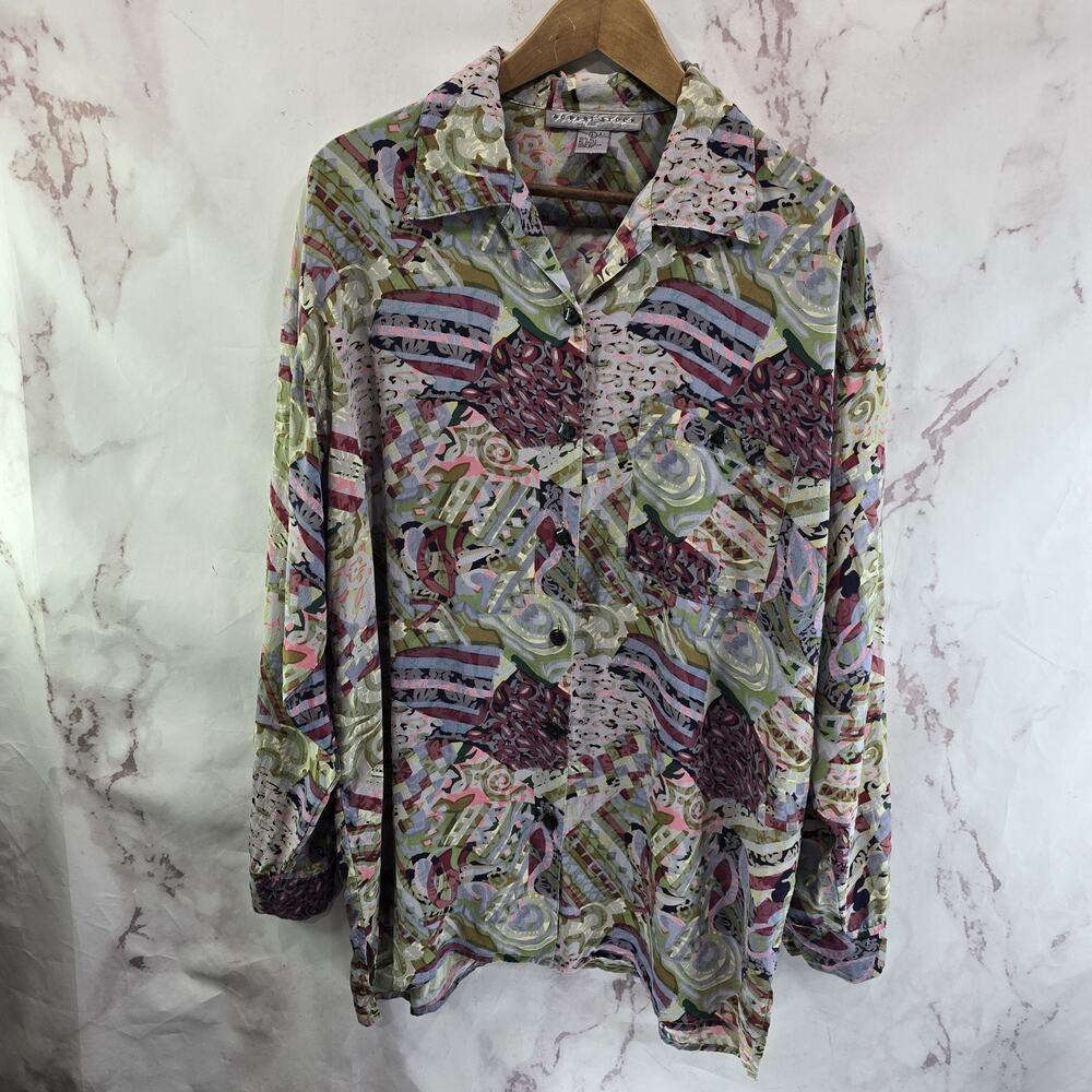Vintage Shirt Mens Large Purple Gray Abstract Button Up Blouse Camp Short 90s